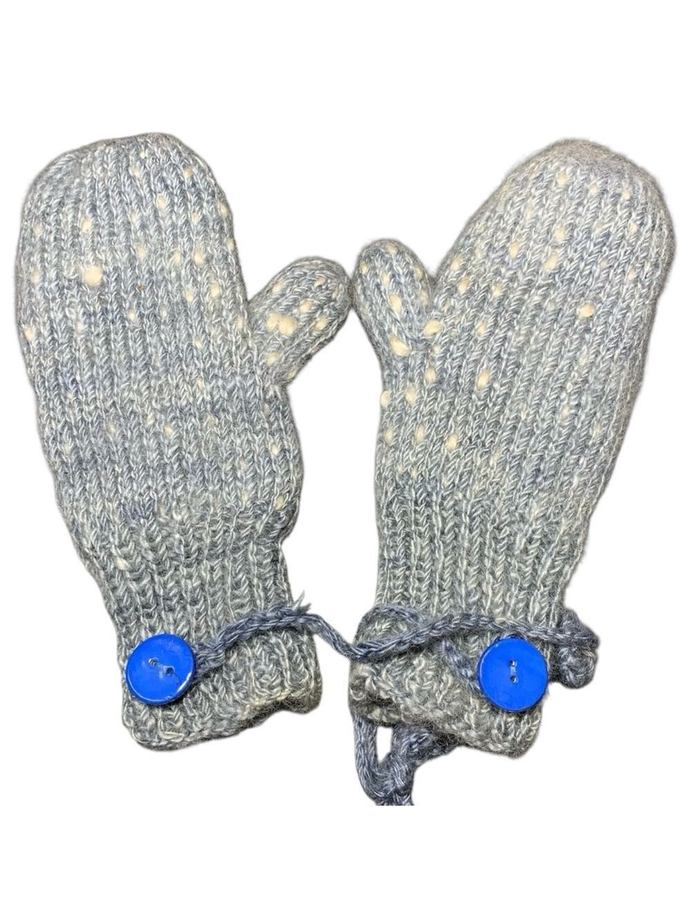 Vintage Hand Knit Mittens Gray Blue Wool Lined O/S Cozy Warm Gloves